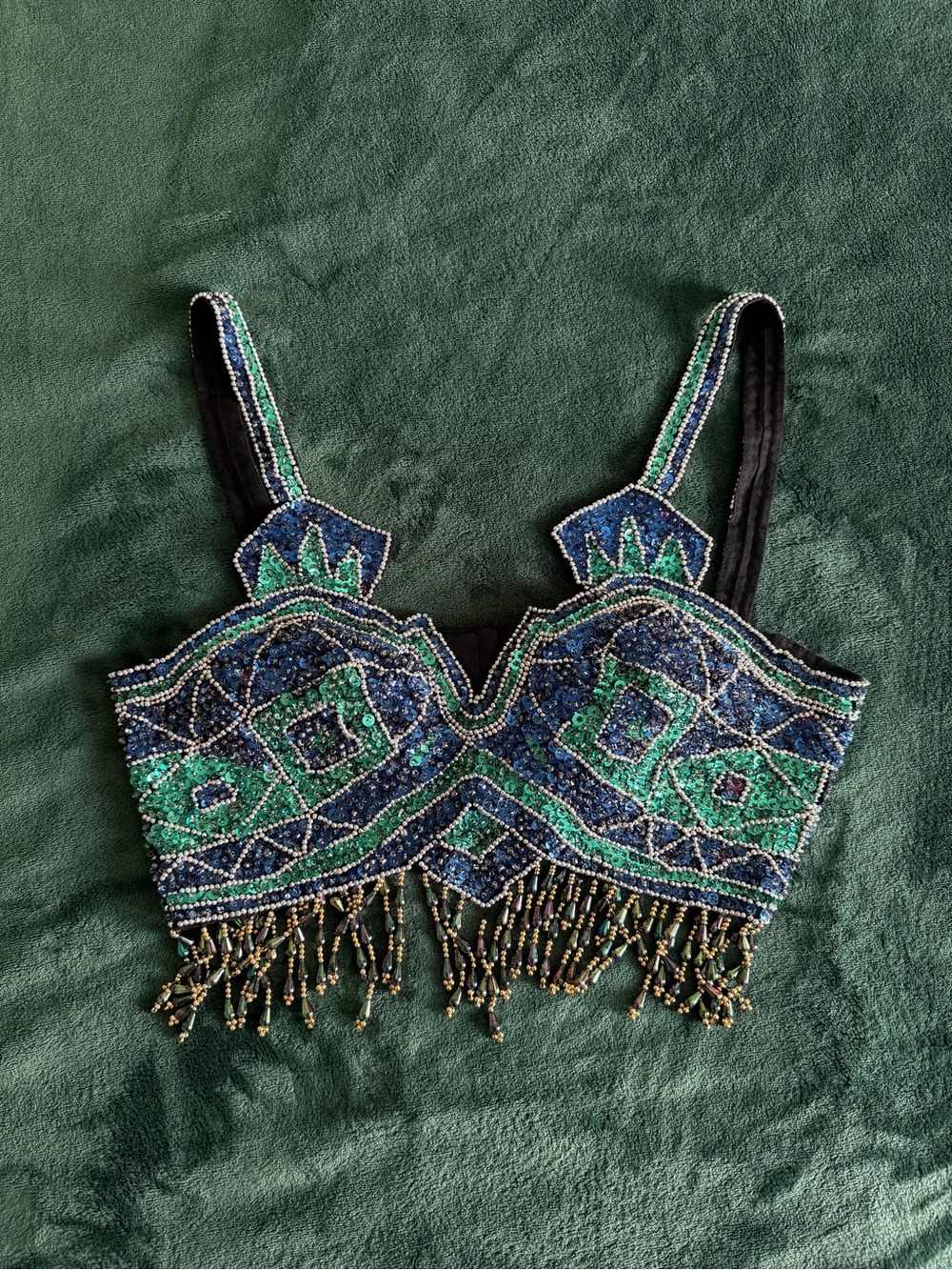 Beaded Emerald & Navy Glittery Crop Top Vintage